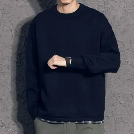 奕飏下摆格子拼接假两件宽松毛衣男秋冬简约纯色圆领针织衫线衣潮商品大图