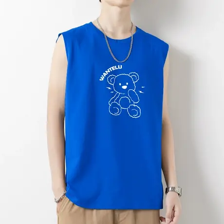 克莱因蓝纯棉背心男士无袖t恤夏季外穿运动坎肩汗衫篮球健身跨栏商品大图