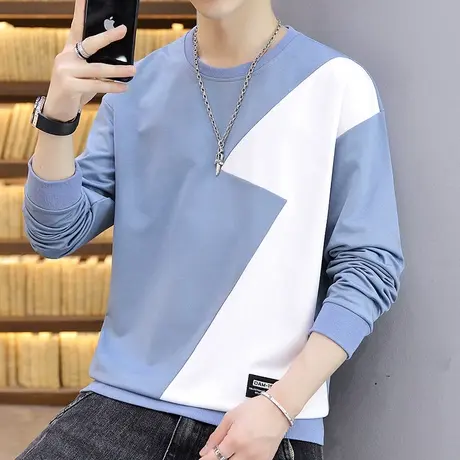 圆领卫衣男士春秋季小衫2023新款拼色潮流宽松青年长袖t恤打底衫商品大图