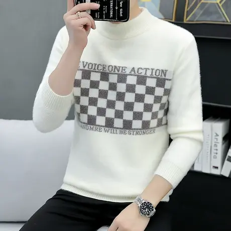 2023新款男士加厚款水貂绒羊毛衣秋冬季棋盘格子打底针织衫毛线衣商品大图