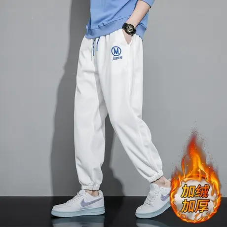 白色卫裤男款秋冬季加绒加厚宽松潮流休闲长裤束脚裤子男士运动裤商品大图