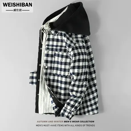 秋季新款连帽格子衬衣款外套美式休闲假两件带帽帅气小香风夹克男商品大图