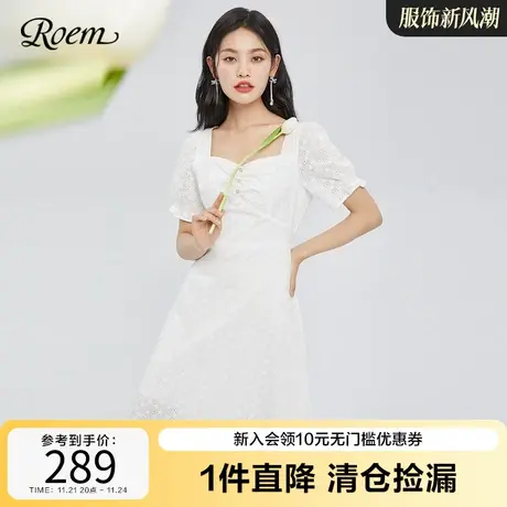 Roem春夏新品优雅时尚法式淑女方领露背性感泡泡袖短袖连衣裙图片