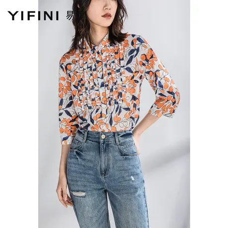 Yifini/易菲宽松衬衣女春夏新款印花七分袖上衣设计感衬衫商品大图