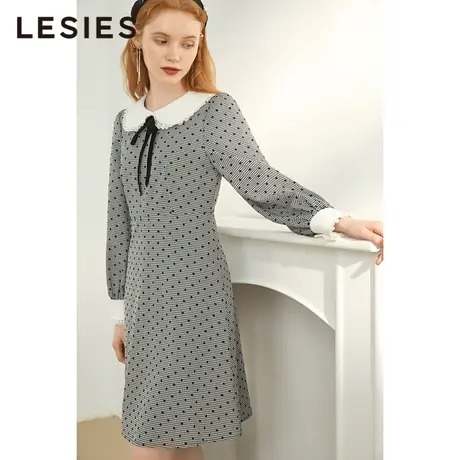 LESIES蓝色倾情春秋女装波点娃娃领领结装饰长袖淑女连衣裙图片