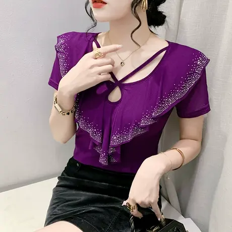 时尚荷叶边T恤女短袖2023夏装新款性感镂空网纱小衫重工烫钻上衣商品大图