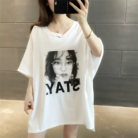 中长款V领短袖t恤女2023年新款半袖大码宽松网红ins潮超火上衣服图片