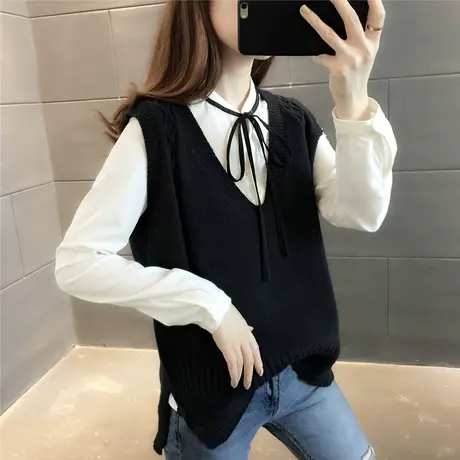 纯色针织马甲女秋冬新款韩版开叉上衣2023年秋季V领麻花毛衣内搭商品大图