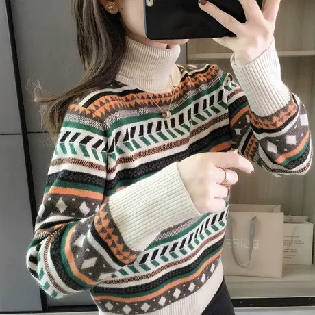 高领套头毛衣女士打底衫秋冬季2023新款复古条纹针织衫宽松上衣商品大图