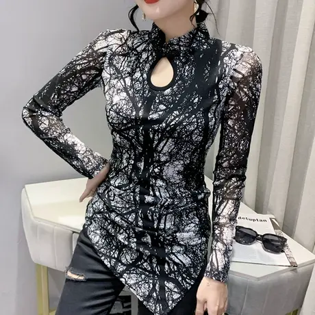 复古气质打底衫女春秋款性感镂空盘扣上衣漂亮扎染网纱T恤长袖ins商品大图