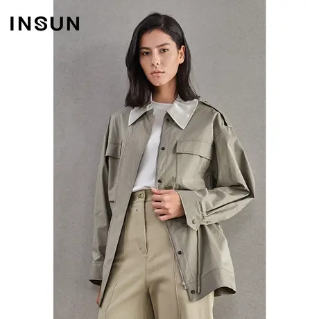 恩裳春季工装风抽绳收腰棉质风衣外套图片