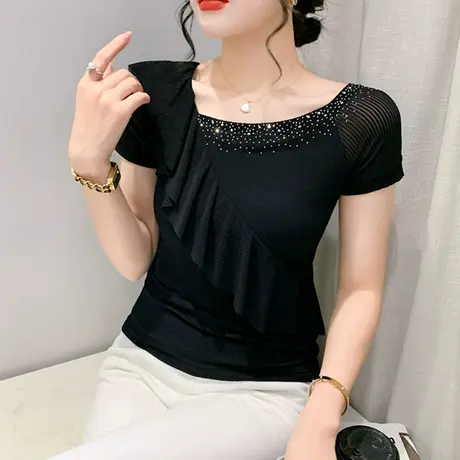 欧货性感网纱T恤女短袖夏时尚设计感斜领烫钻上衣气质荷叶边小衫图片