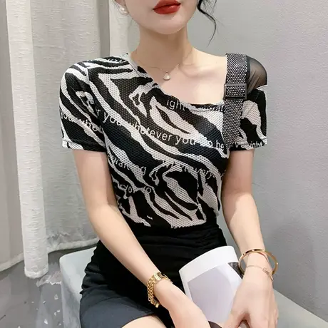 性感斜领短袖T恤女2024夏装新款时尚网纱拼接小衫重工烫钻上衣潮图片