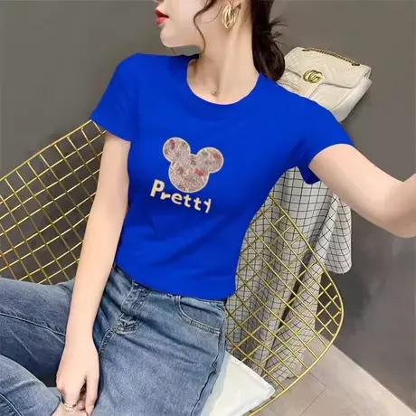 克莱因蓝短袖T恤女2025新款夏季正肩设计感小众纯棉短款上衣ins潮商品大图