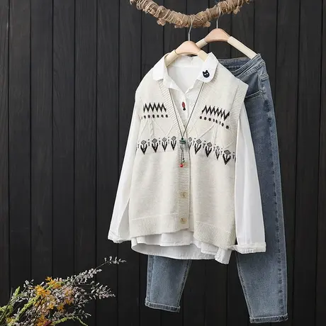 文艺提花V领开衫马甲女2023年春季新款叠穿无袖坎肩针织背心马夹图片