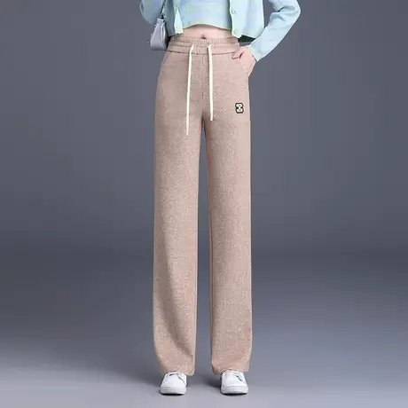 松紧腰直筒裤针织休闲裤女高腰垂感显瘦阔腿裤秋季2023新款长裤子商品大图