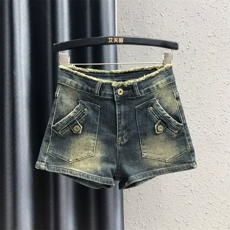 复古怀旧百搭毛边性感牛仔短裤女2023秋季新款辣妹提臀显瘦阔腿裤商品大图