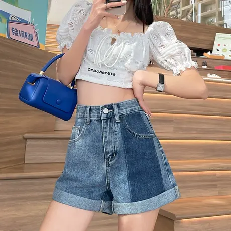 卷边牛仔短裤女2024年夏季新款高腰宽松显瘦ins百搭a字阔腿热裤潮商品大图