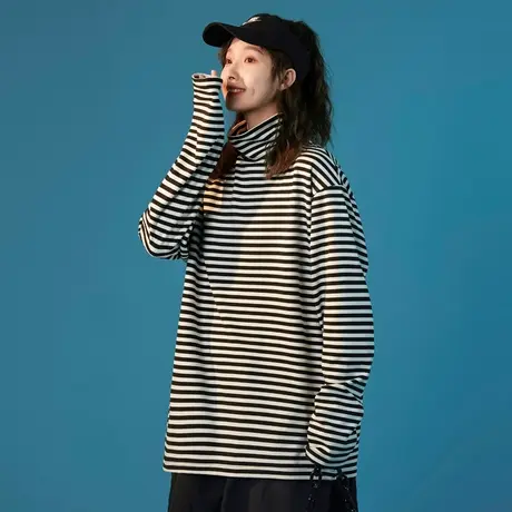 条纹高领打底衫2024秋冬新款女德绒内搭长袖t恤女中长款宽松上衣图片