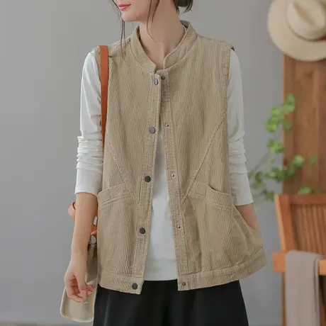 dza 复古工字立领灯芯绒马甲背心女2023春秋新款宽松马夹休闲上衣图片