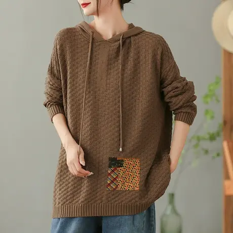 复古棉线格子连帽毛衣外套女士秋冬内搭上衣打底衫洋气宽松针织衫图片