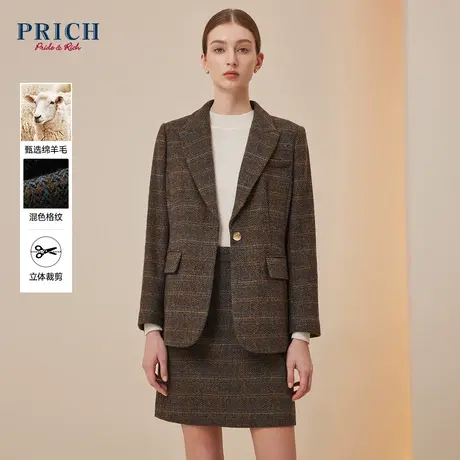 【绵羊毛】PRICH2023冬新款复古人字格纹戗驳领气质西装外套女图片
