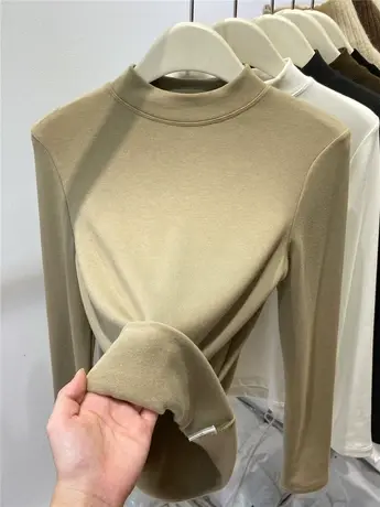 半高领加绒打底衫女2023新款秋冬内搭T恤保暖羊绒蛋白肤感上衣厚图片