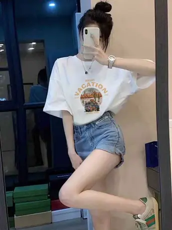 白色仿棉短袖t恤女装2023新款夏季减龄漂亮洋气港味chic正肩上衣商品大图