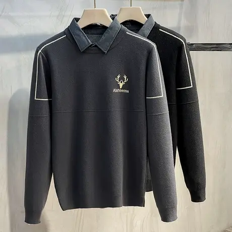 衬衫领毛衣男士冬季20年新款上衣假两件厚款秋装潮流打底衫针织衫商品大图