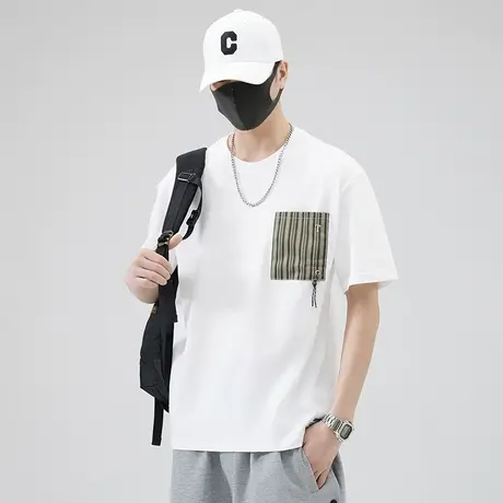 纯棉无领半截袖t恤男士圆领短袖男款夏季口袋体恤男装夏日上衣服商品大图