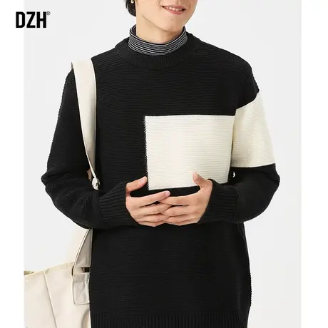 男士黑色白拼色毛衣男冬季加厚2024年新款超好看针织衫内搭打底衫商品大图