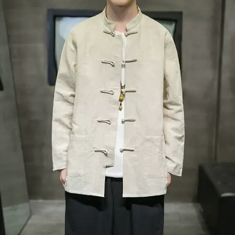中式棉麻布扣衬衫秋季款立领现代唐装外套男中国风亚麻青年中山装图片