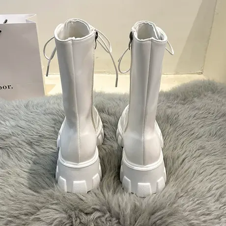 马丁靴女2023秋季单靴厚底增高系带短靴百搭中筒机车靴子复古加绒商品大图