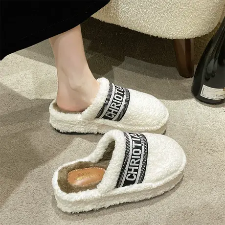 包头半拖鞋女外穿2023秋冬新款超火平底百搭棉女鞋厚底增高毛毛鞋商品大图