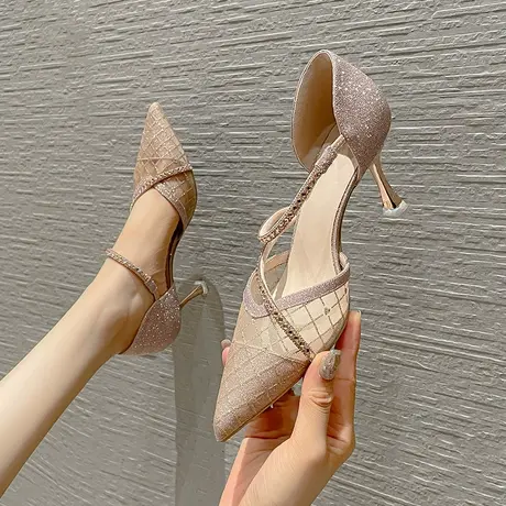一字带尖头网纱透气单鞋女2024年春季新款性感百搭仙女风浅口单鞋商品大图