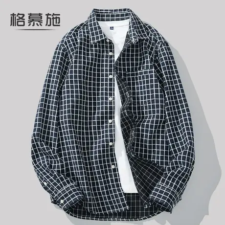 格慕施港风格子衬衫男士长袖大码日系潮流帅气外套休闲宽松衬衣服图片