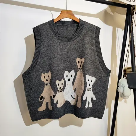 卡通针织马甲女秋冬新款宽松大码慵懒风圆领无袖坎肩毛衣背心外穿图片