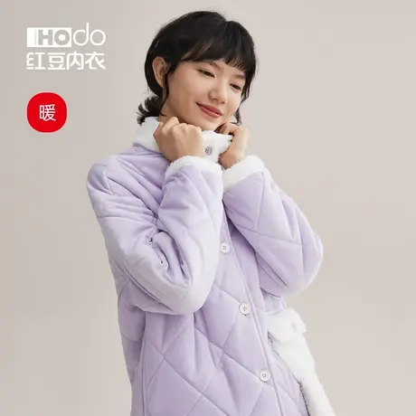 红豆睡衣女冬季三层夹棉可爱保暖可外穿棉服珊瑚绒女士家居服套装商品大图