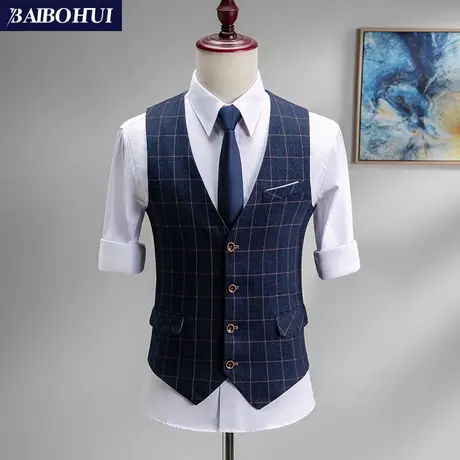 格子西装马甲男士商务休闲西服马夹英伦风伴郎服兄弟装坎肩背心潮商品大图