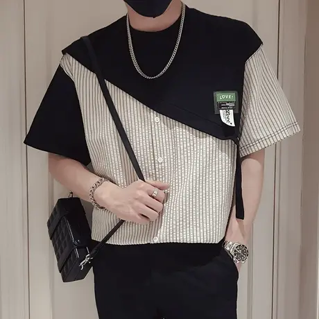 假两件T恤男2023夏季新款拼接条纹短袖潮牌百搭时尚INS高级感上衣商品大图