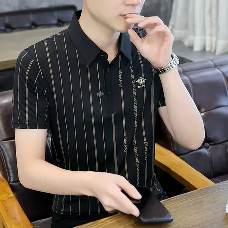 2023年夏季丅恤新款短袖polo衫男t恤衬衫领半袖条纹体恤男装潮流商品大图