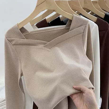 设计感不规则方领德绒打底衫女秋冬新款修身长袖t恤内搭上衣双面商品大图