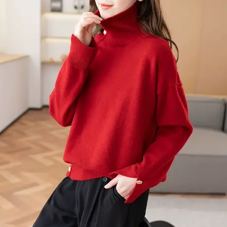 23183新款半高领针织衫纯色长袖拼接上衣百搭宽松毛衣休闲女士商品大图