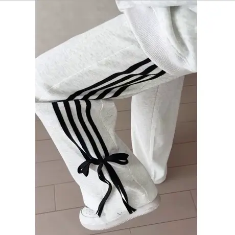 条纹阔腿休闲长裤女春秋韩版百搭裤脚丝带蝴蝶结设计感运动裤子潮商品大图