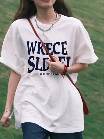 重磅纯棉白色短袖t恤女ins潮春夏季圆领正肩宽松百搭港味chic上衣商品大图