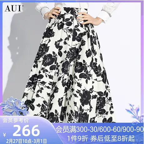 AUI黑色气质高级感碎花半身裙女2024春夏新款高腰显瘦中长款A字裙图片