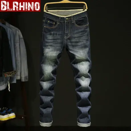牛仔裤男秋冬宽松裤子青年长裤子修身直筒复古色破洞牛仔长裤男裤商品大图