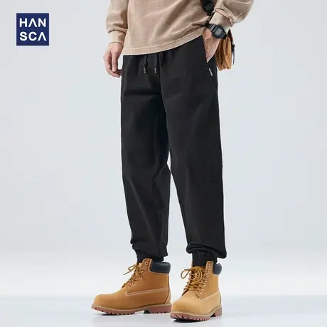 hansca黑色休闲裤男宽松大码2023年秋季潮牌重磅抽绳弹力束脚裤子图片