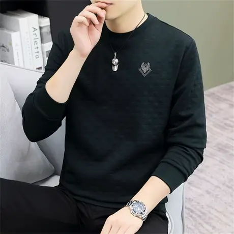 2023秋冬新款男士提花长袖T恤衫加肥加大码卫衣潮流韩版打底小衫图片