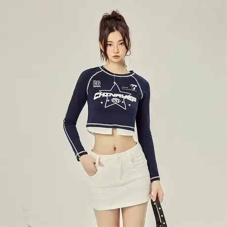 YEP2024新款美式复古长袖T恤女春秋内搭打底辣妹修身短款露脐上衣商品大图